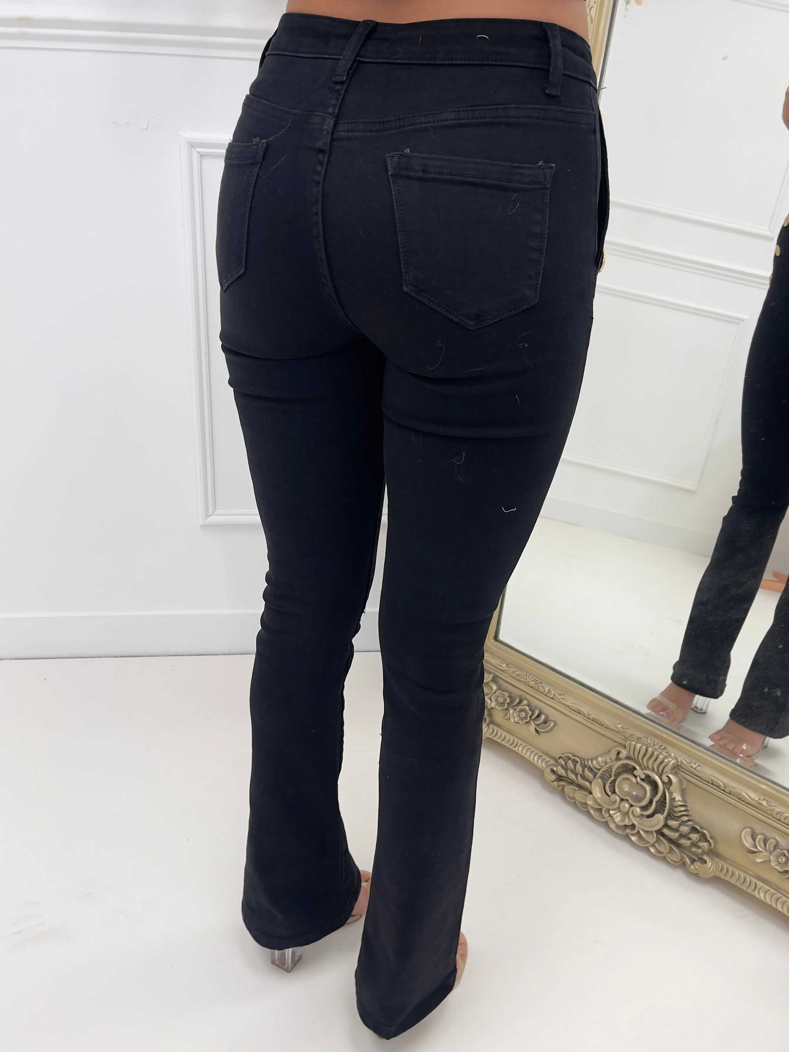 Rylee black gold button flared jeans