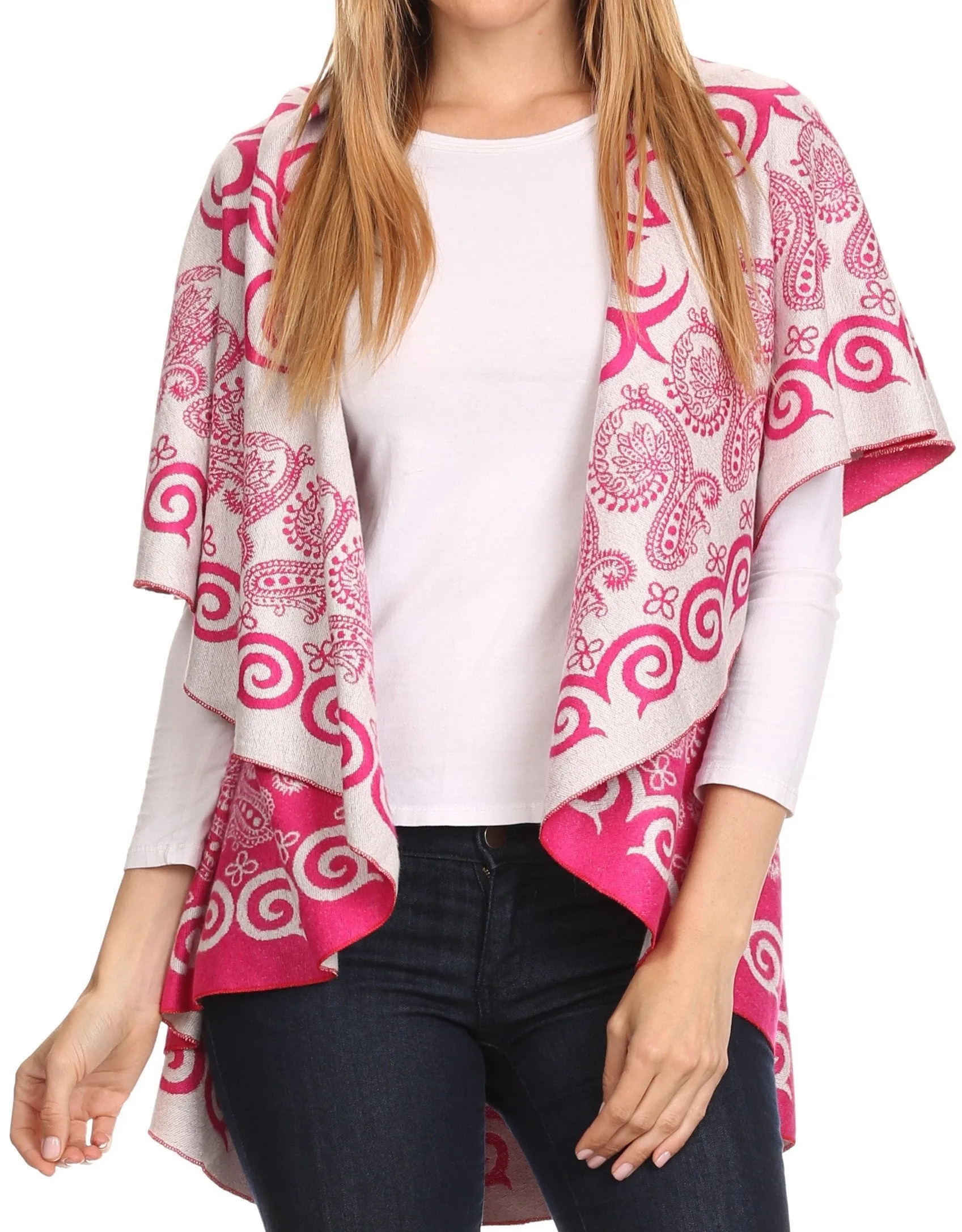 Sakkas Balie Reversable Printed Mid Weight Warm Poncho Throw Shawl / Cardigan