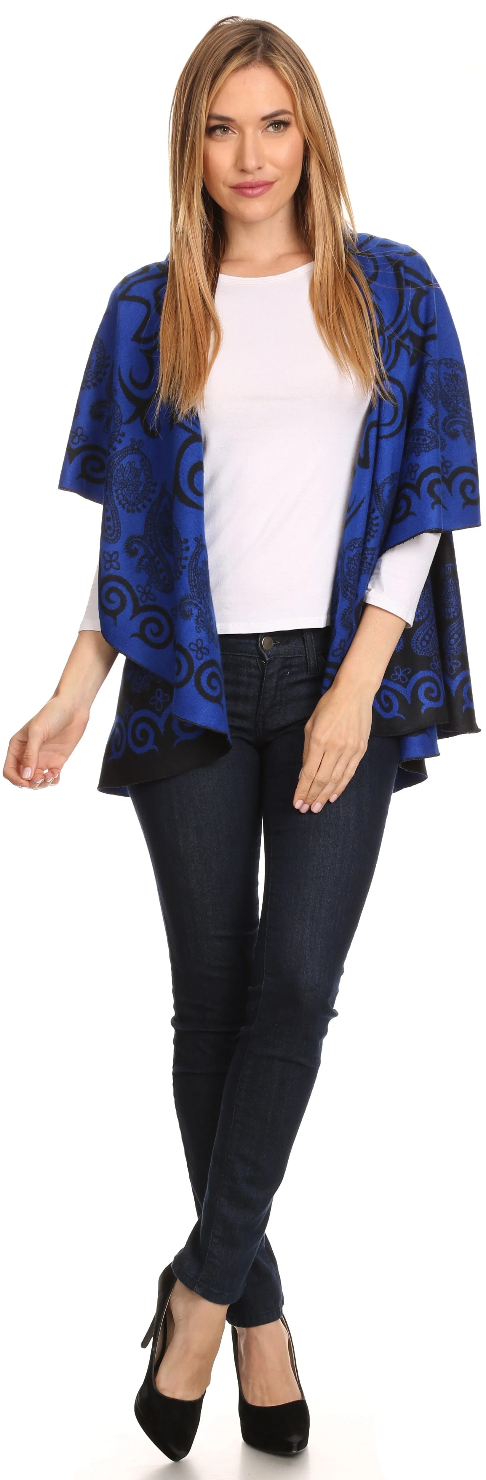 Sakkas Balie Reversable Printed Mid Weight Warm Poncho Throw Shawl / Cardigan