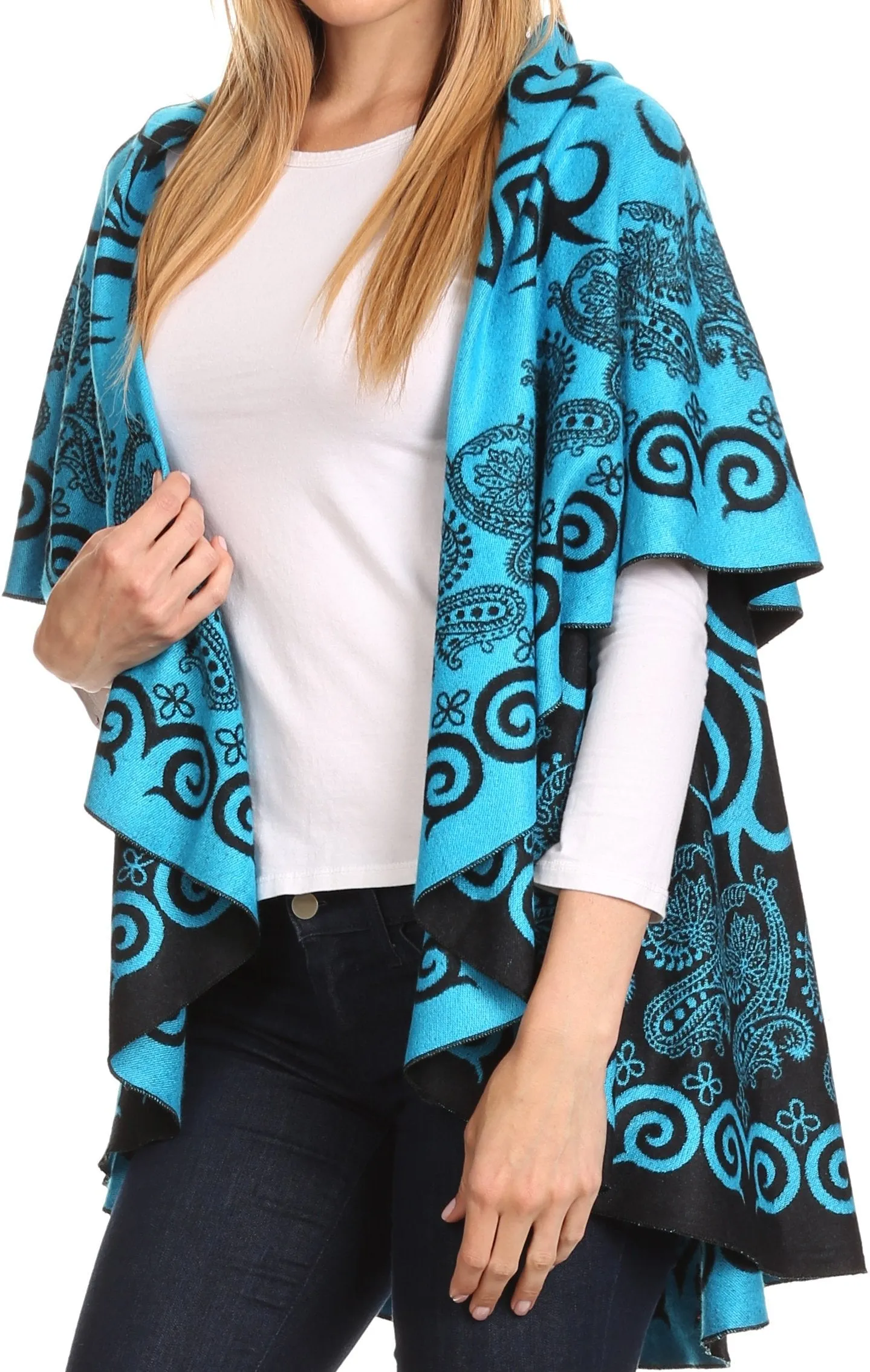 Sakkas Balie Reversable Printed Mid Weight Warm Poncho Throw Shawl / Cardigan