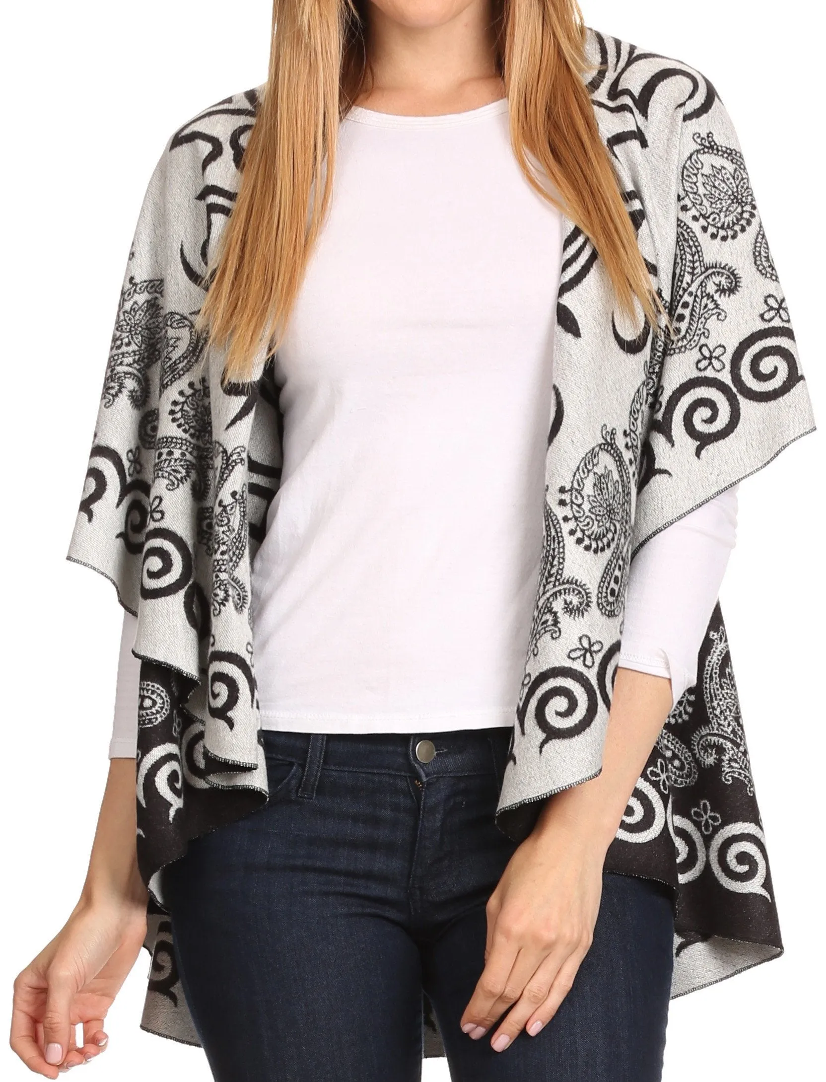 Sakkas Balie Reversable Printed Mid Weight Warm Poncho Throw Shawl / Cardigan