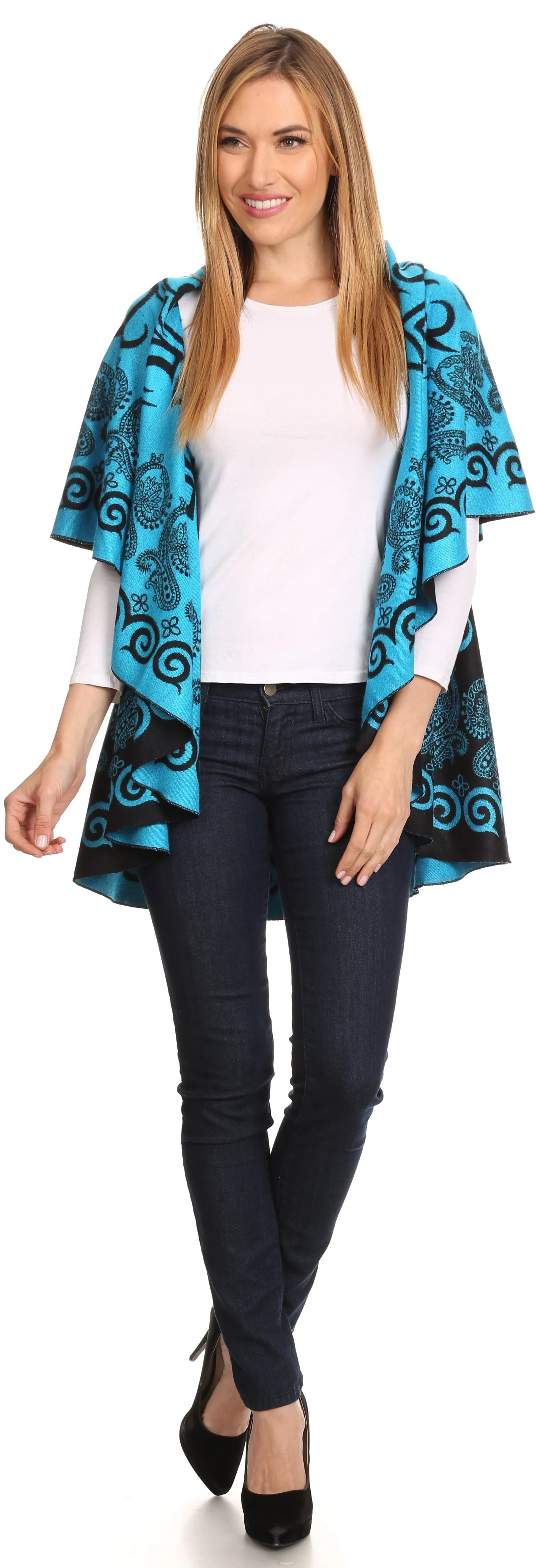 Sakkas Balie Reversable Printed Mid Weight Warm Poncho Throw Shawl / Cardigan