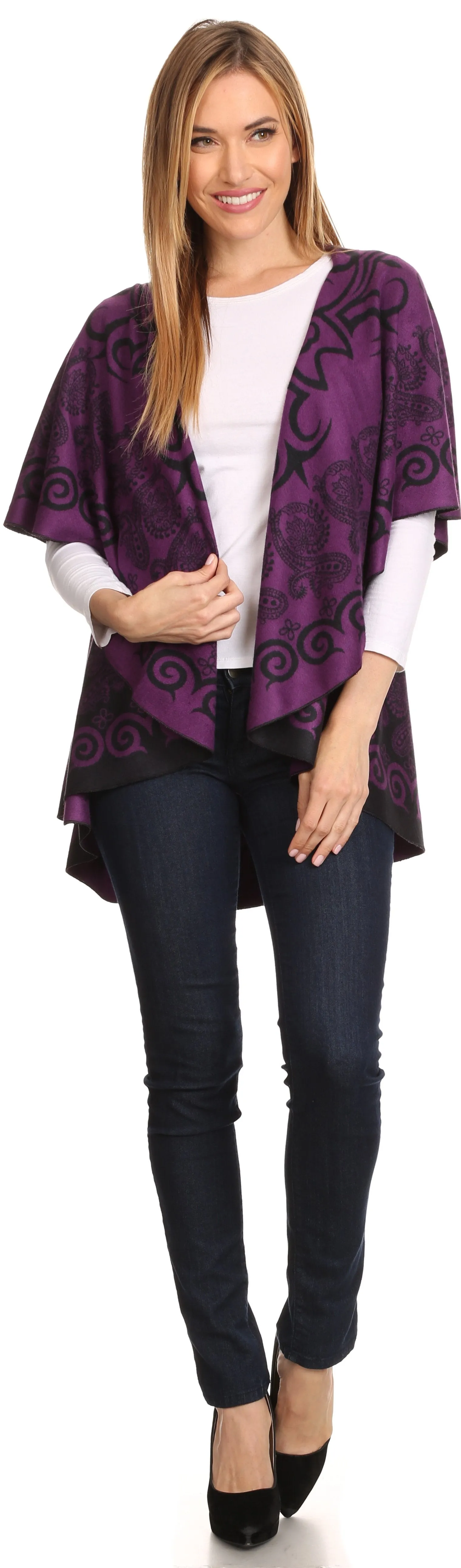 Sakkas Balie Reversable Printed Mid Weight Warm Poncho Throw Shawl / Cardigan