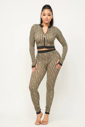 Seamless Print Zip Up Jacket And Leggings Set