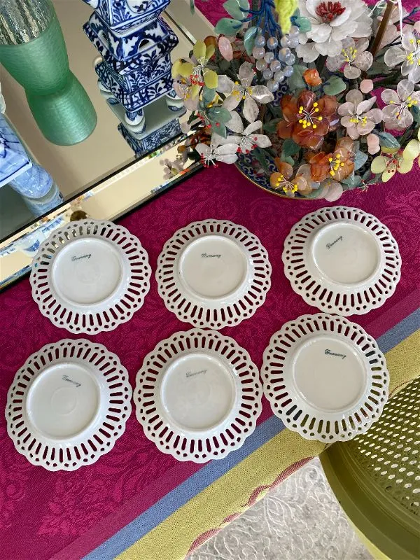 Set of 6 Antique Dresden pierced , reticulated Porcelain Plates