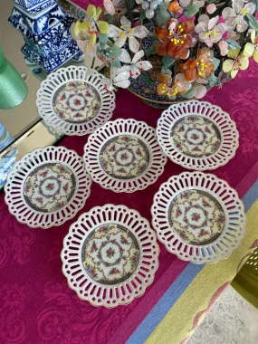 Set of 6 Antique Dresden pierced , reticulated Porcelain Plates