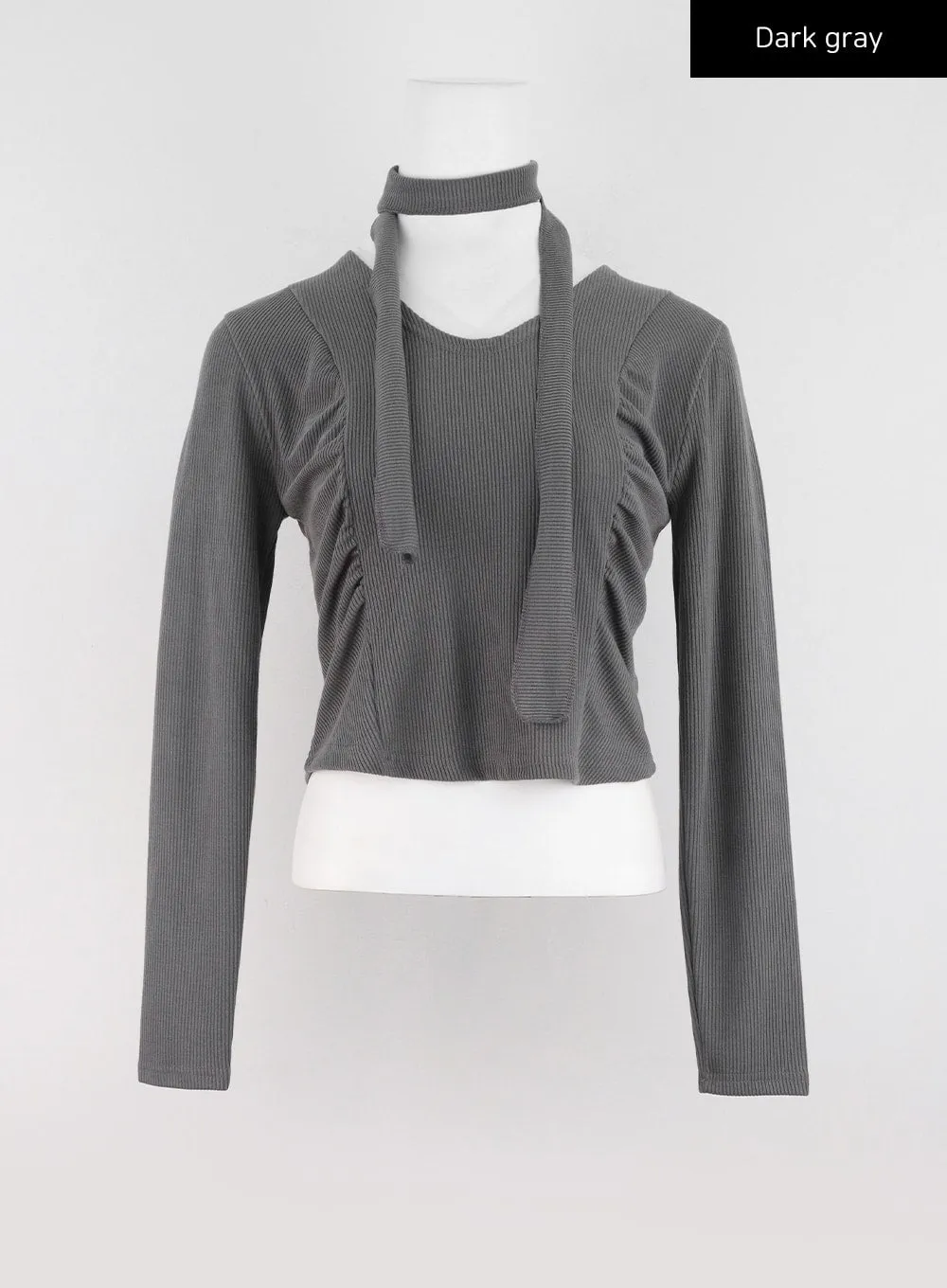 Shirred Long Sleeve Crop Top with Scarf IO326