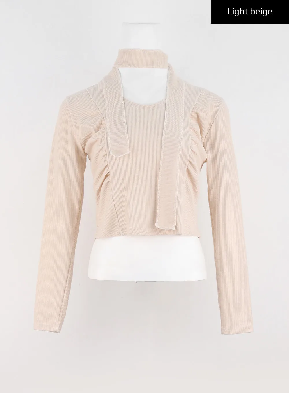 Shirred Long Sleeve Crop Top with Scarf IO326