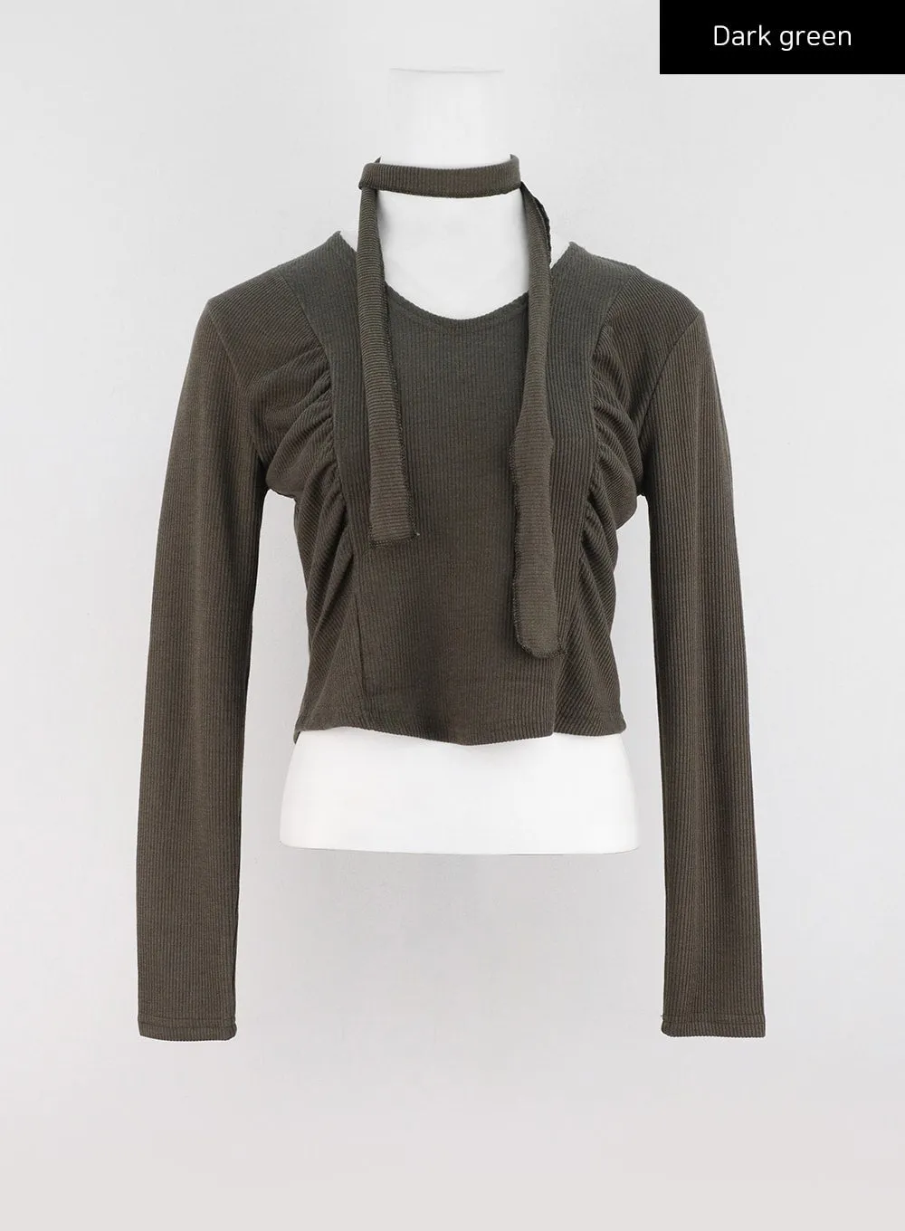 Shirred Long Sleeve Crop Top with Scarf IO326