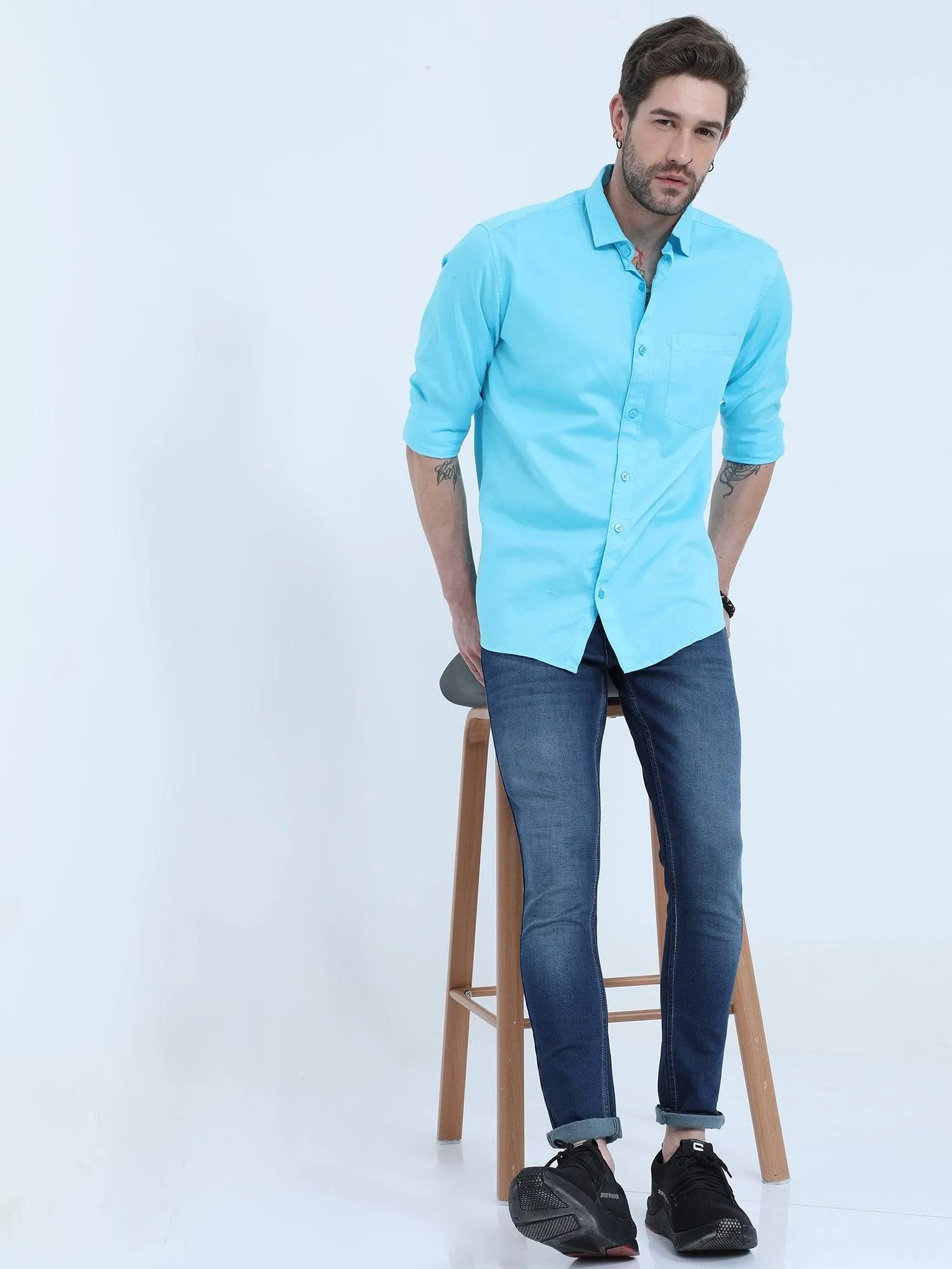 Sky Blue Solid Cotton Full Sleeve Shirt