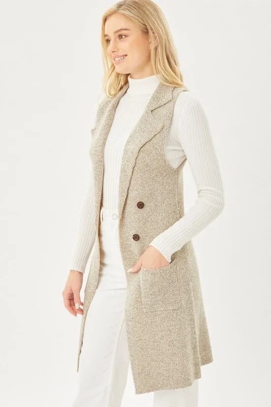 Sleeveless Pocket Detail Solid Long Cardigan Vest