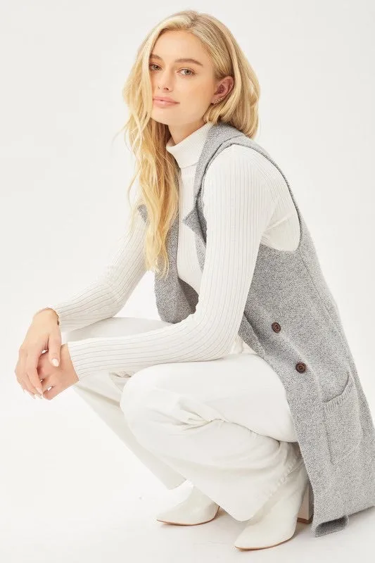 Sleeveless Pocket Detail Solid Long Cardigan Vest