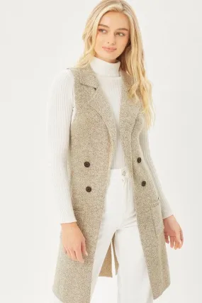 Sleeveless Pocket Detail Solid Long Cardigan Vest