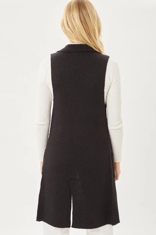 Sleeveless Pocket Detail Solid Long Cardigan Vest