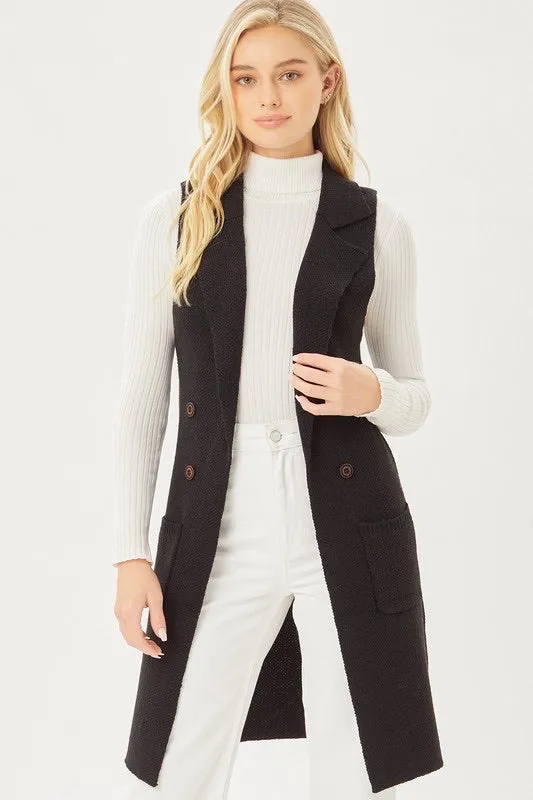 Sleeveless Pocket Detail Solid Long Cardigan Vest