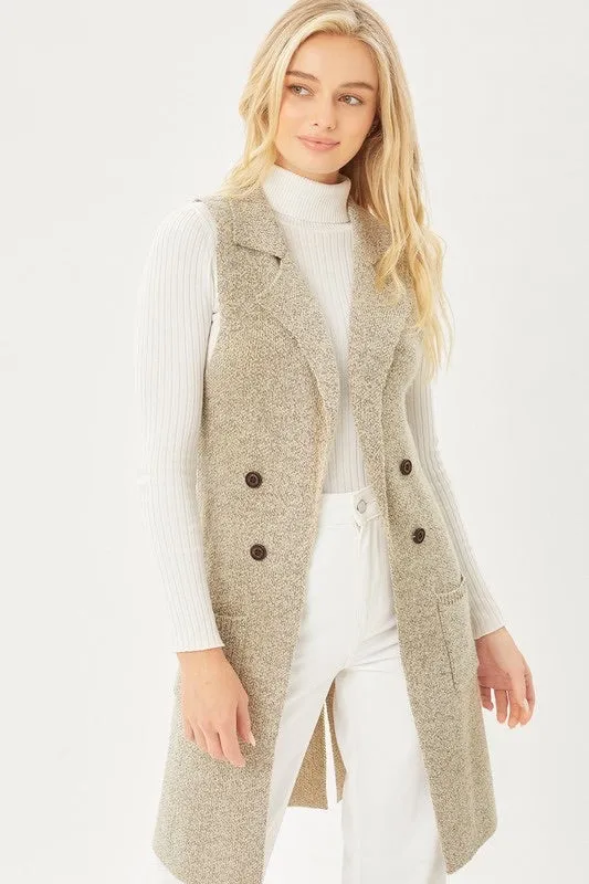 Sleeveless Pocket Detail Solid Long Cardigan Vest