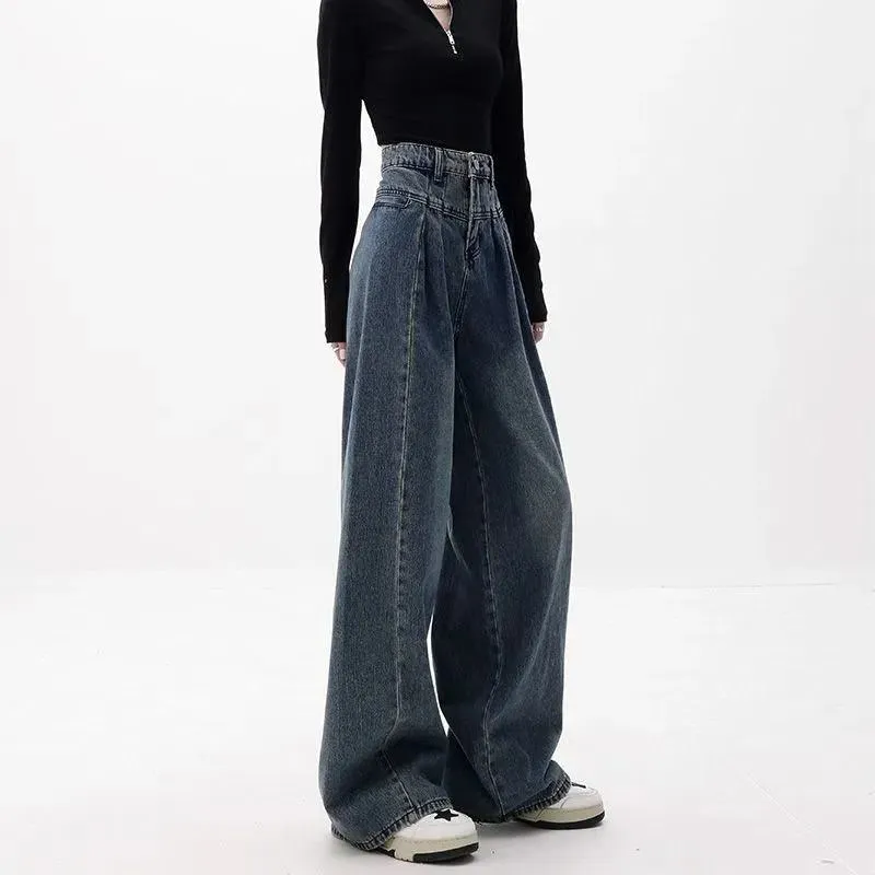 Slimming High-Waisted Washed Out Floor-Length Loose-Fit Retro Pleated Wide-Leg Jeans