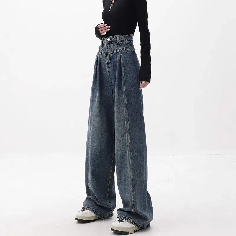 Slimming High-Waisted Washed Out Floor-Length Loose-Fit Retro Pleated Wide-Leg Jeans