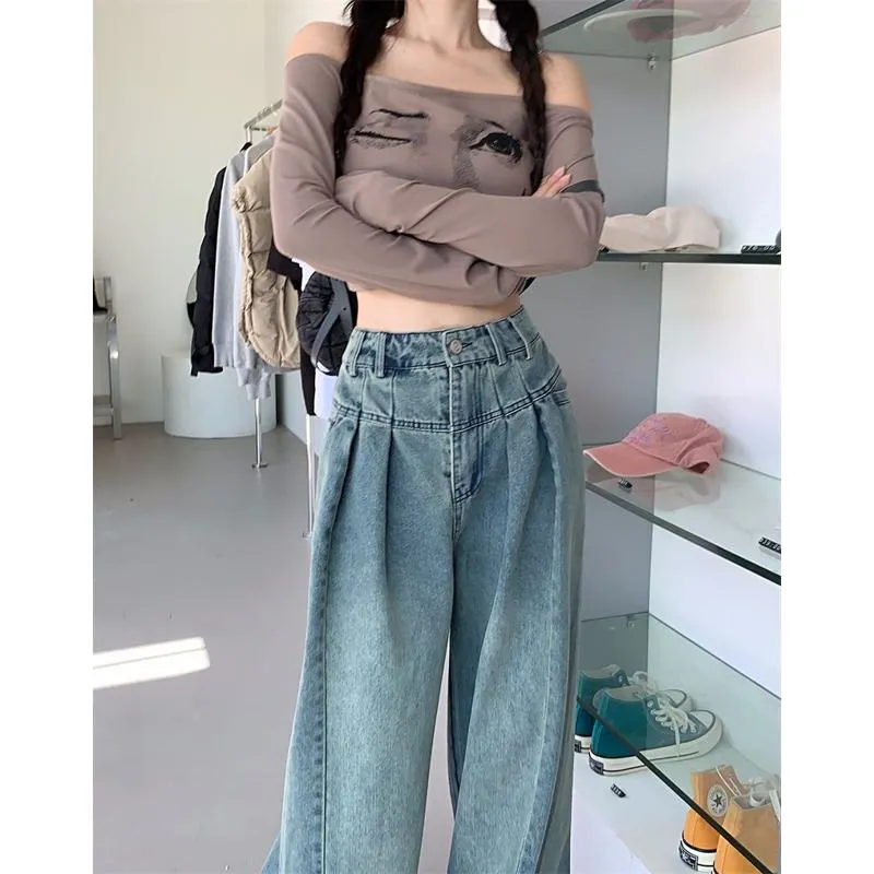 Slimming High-Waisted Washed Out Floor-Length Loose-Fit Retro Pleated Wide-Leg Jeans