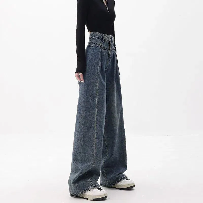 Slimming High-Waisted Washed Out Floor-Length Loose-Fit Retro Pleated Wide-Leg Jeans