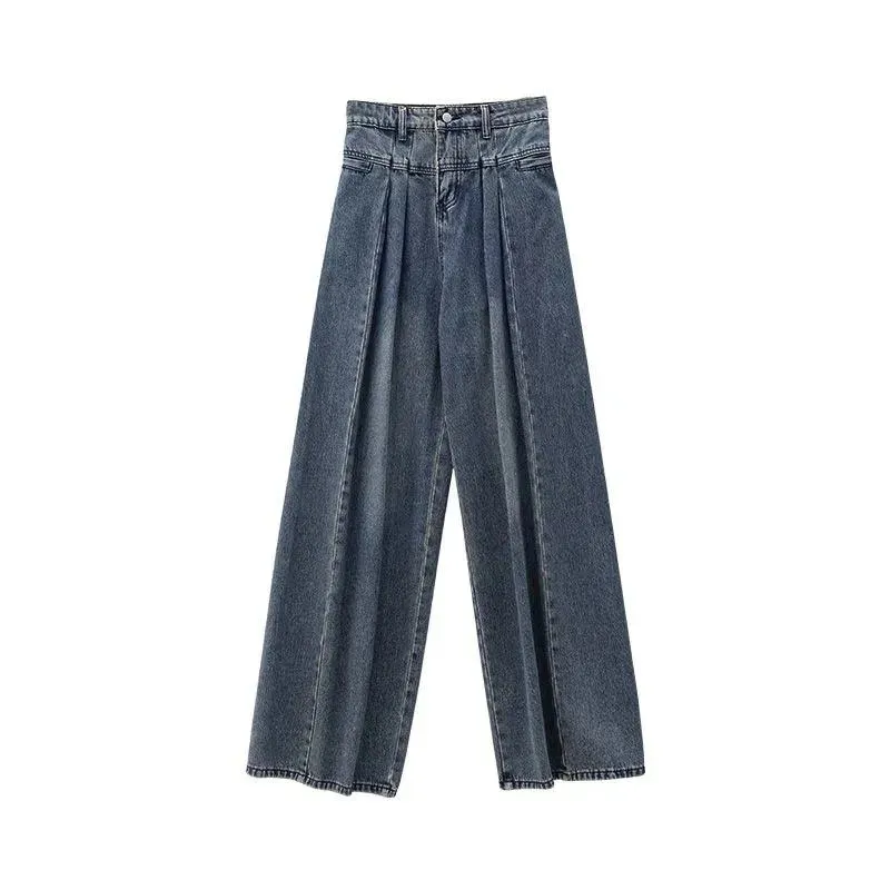 Slimming High-Waisted Washed Out Floor-Length Loose-Fit Retro Pleated Wide-Leg Jeans