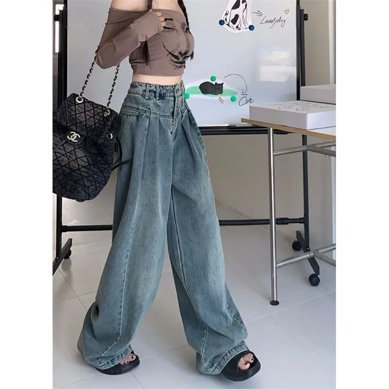 Slimming High-Waisted Washed Out Floor-Length Loose-Fit Retro Pleated Wide-Leg Jeans