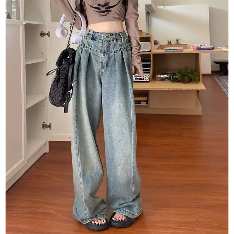 Slimming High-Waisted Washed Out Floor-Length Loose-Fit Retro Pleated Wide-Leg Jeans