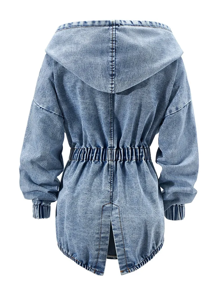 Solid Hooded Trench For Women Long Sleeve High Waist Spliced Lace Up Slim Ruched Denim Coats Female Fashion Style