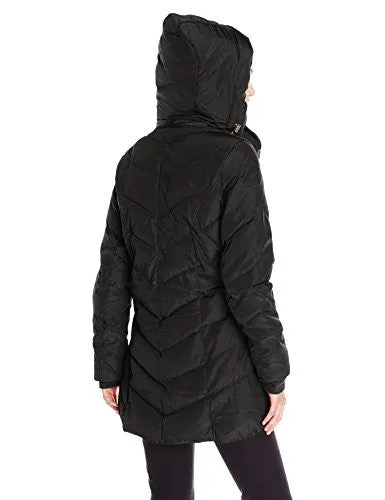 Steve Madden Women's Chevron Packable Puffer Jacket with Hood, Black, Small