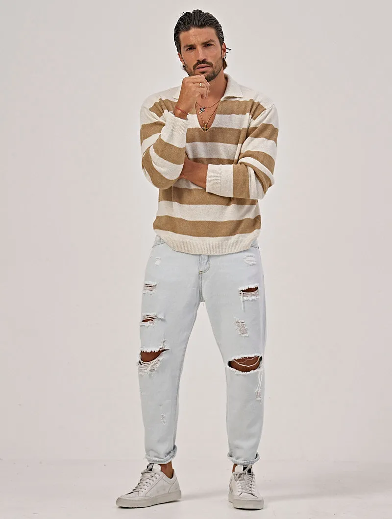 STRIPED POLO SWEATER IN WHITE AND BEIGE