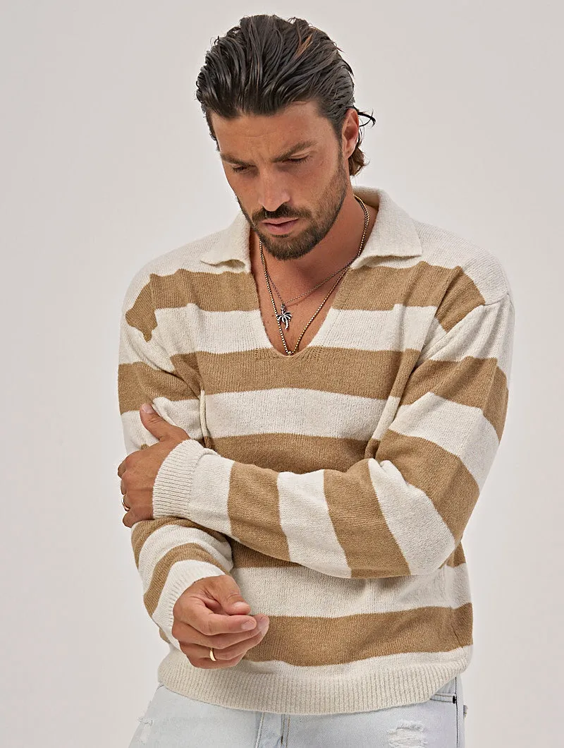 STRIPED POLO SWEATER IN WHITE AND BEIGE