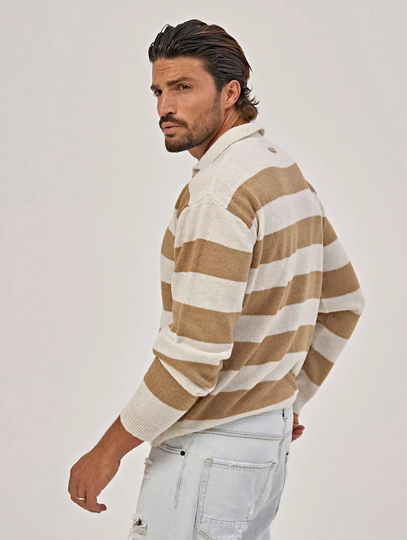 STRIPED POLO SWEATER IN WHITE AND BEIGE