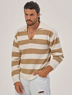 STRIPED POLO SWEATER IN WHITE AND BEIGE