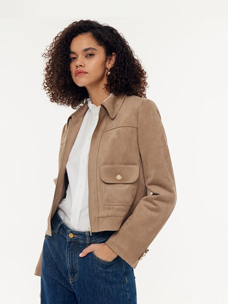 Suede Zip-Up Women Crop Jacket