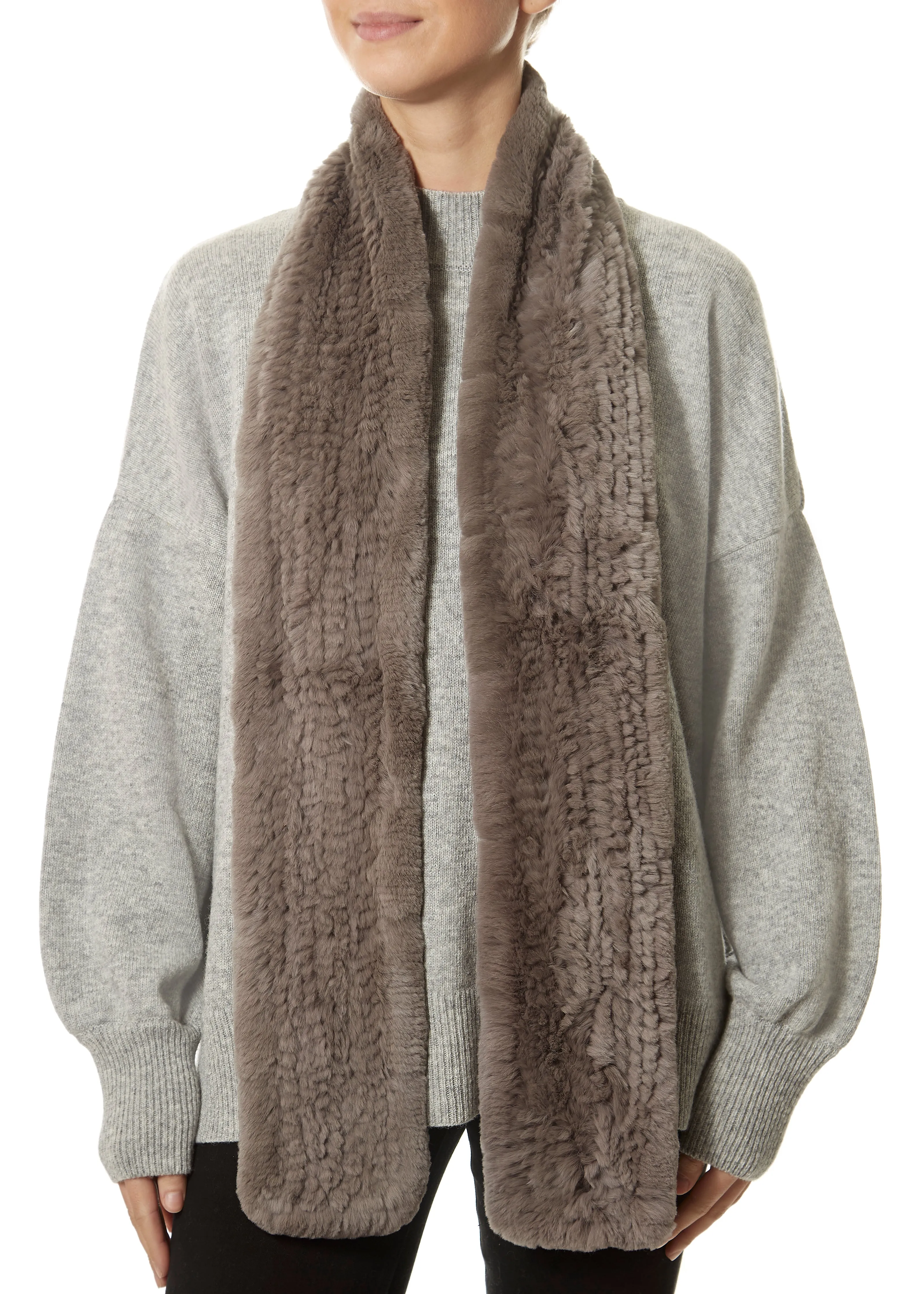 Taupe Grey 'Open' Real Rex Rabbit Fur Scarf