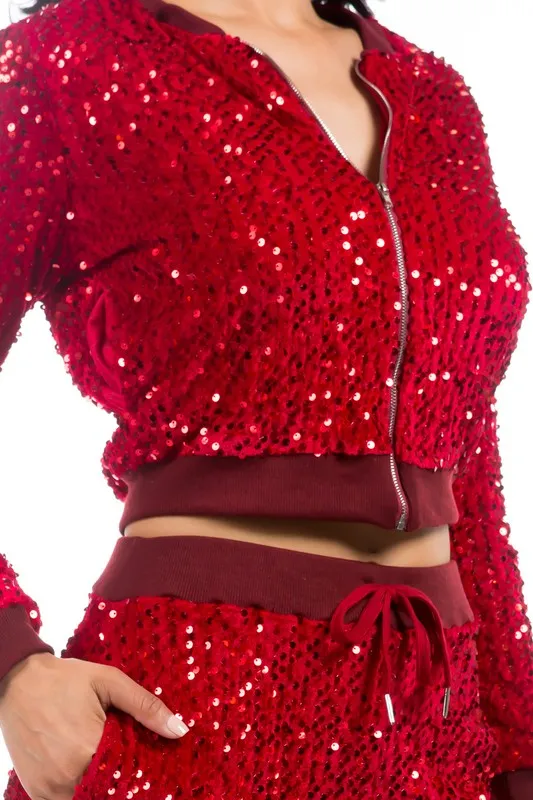 TEEK - RED SEQUIN TWO PIECE PANT SET