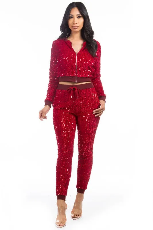 TEEK - RED SEQUIN TWO PIECE PANT SET