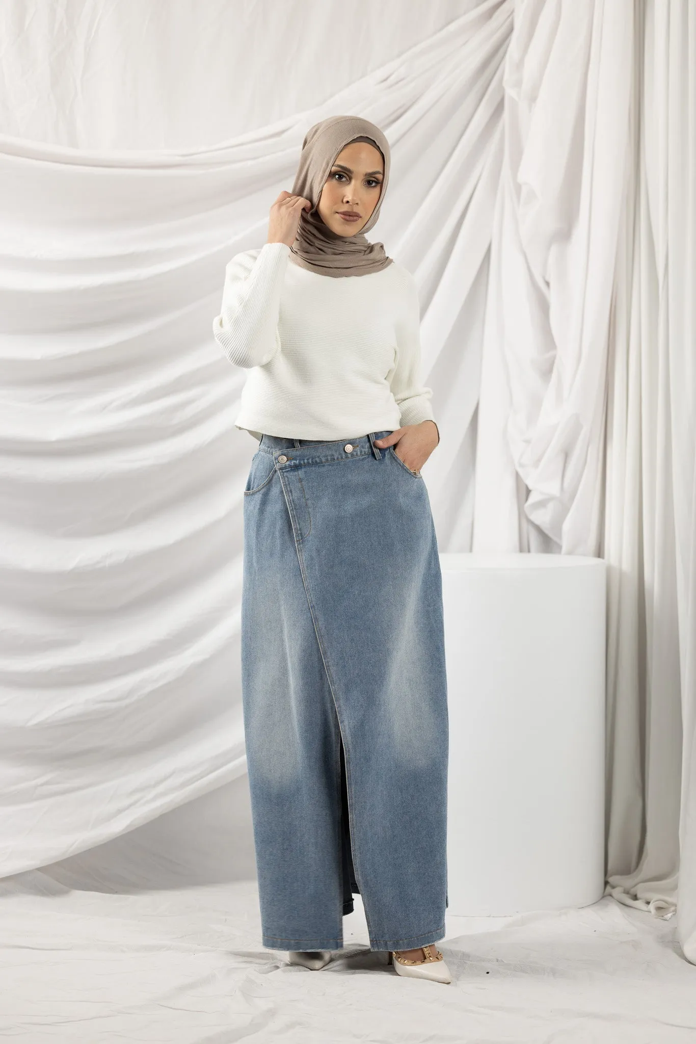 The Crescent Denim Button Wrap Skirt