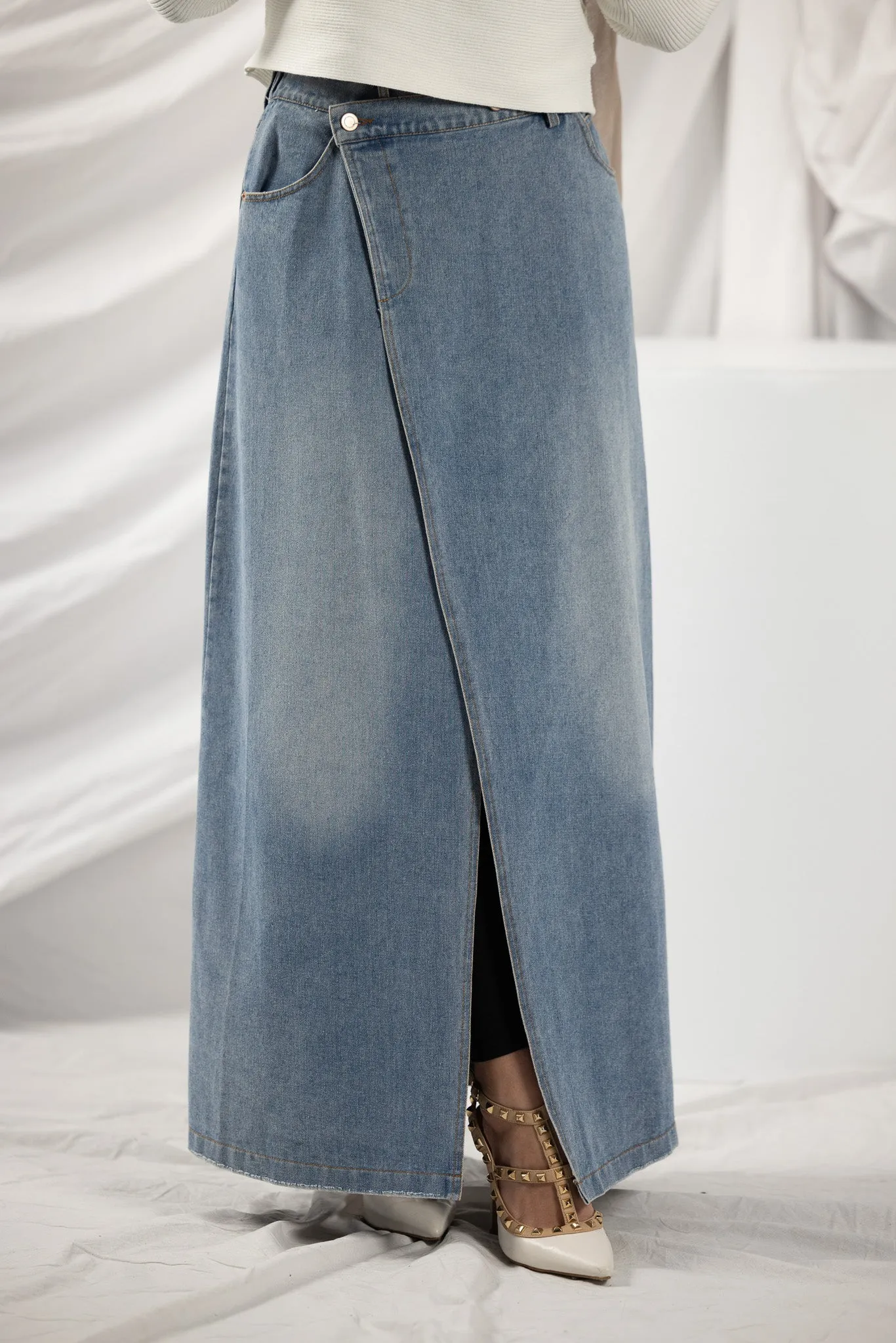 The Crescent Denim Button Wrap Skirt