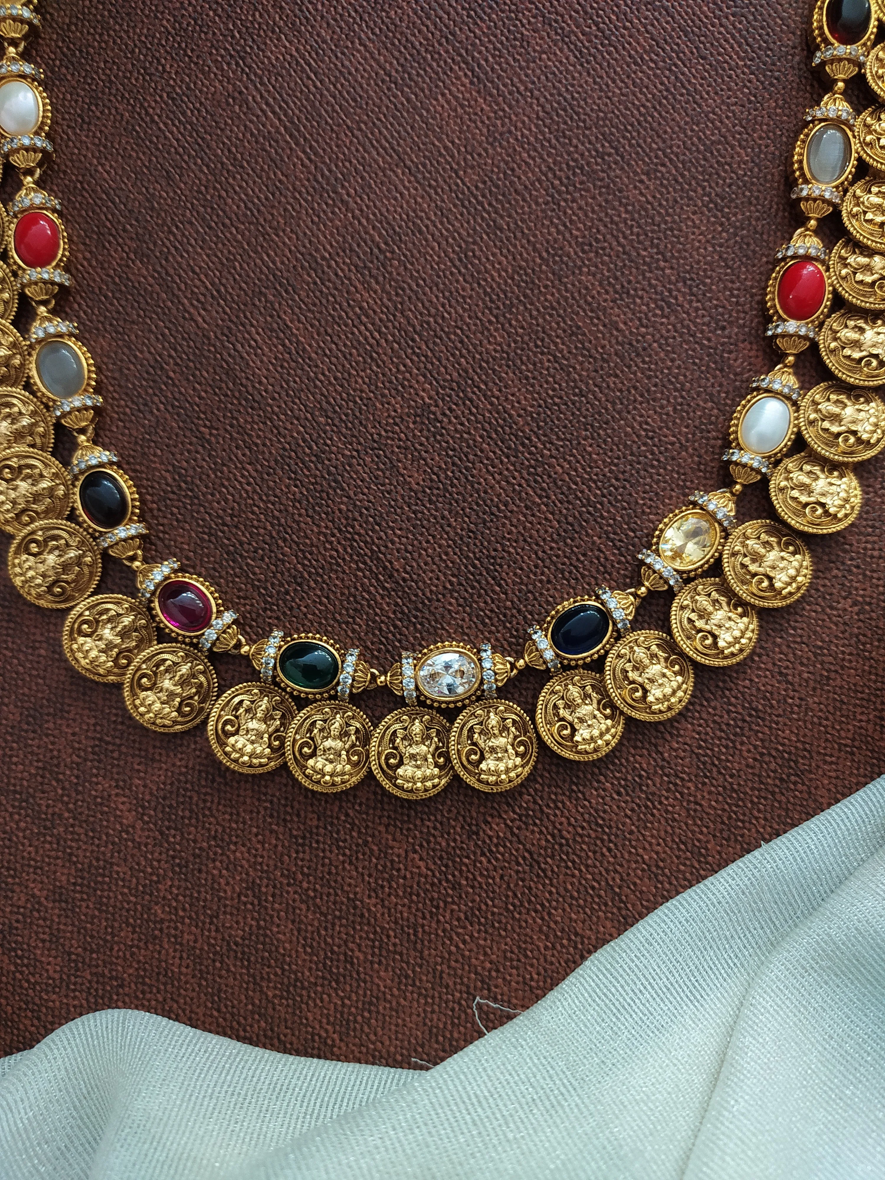 Traditional Kasumalai Design with Navaratna Stones and Matching Stud Earrings