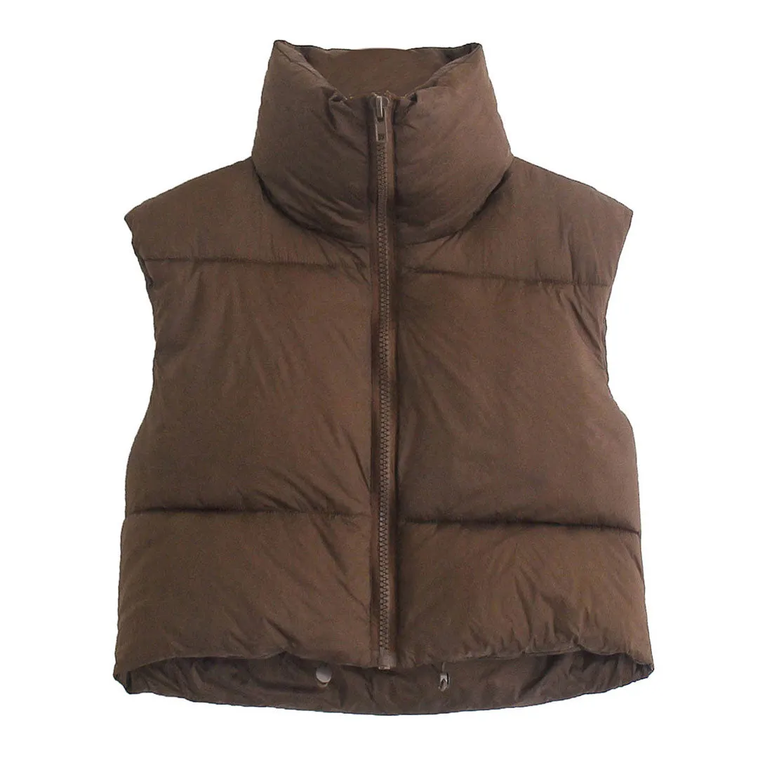 Trendy Solid Color High Collar Full Zip Up Cropped Quilted Puffer Vest