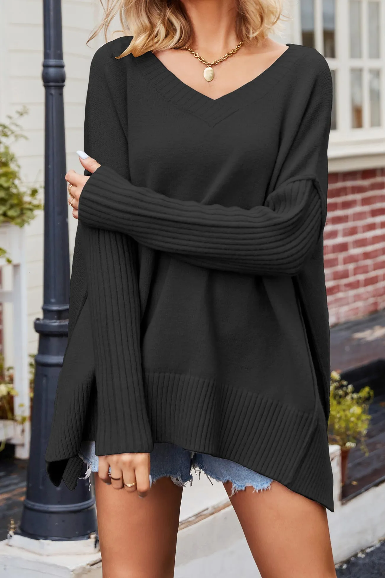 V Neck Side Slit Loose Pullover Sweater