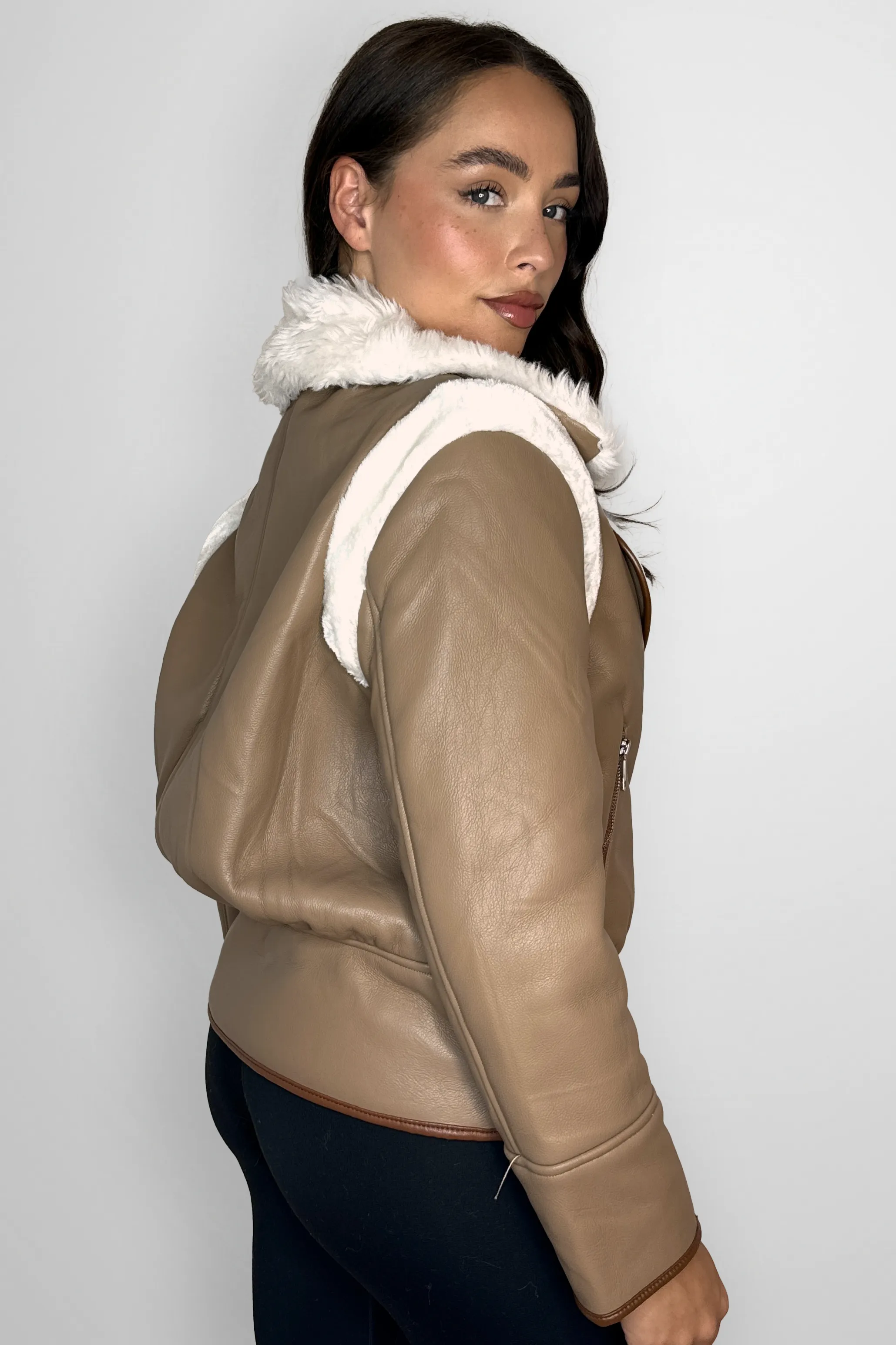 Vegan Leather Shearling Lining Belted Aviator Jacket