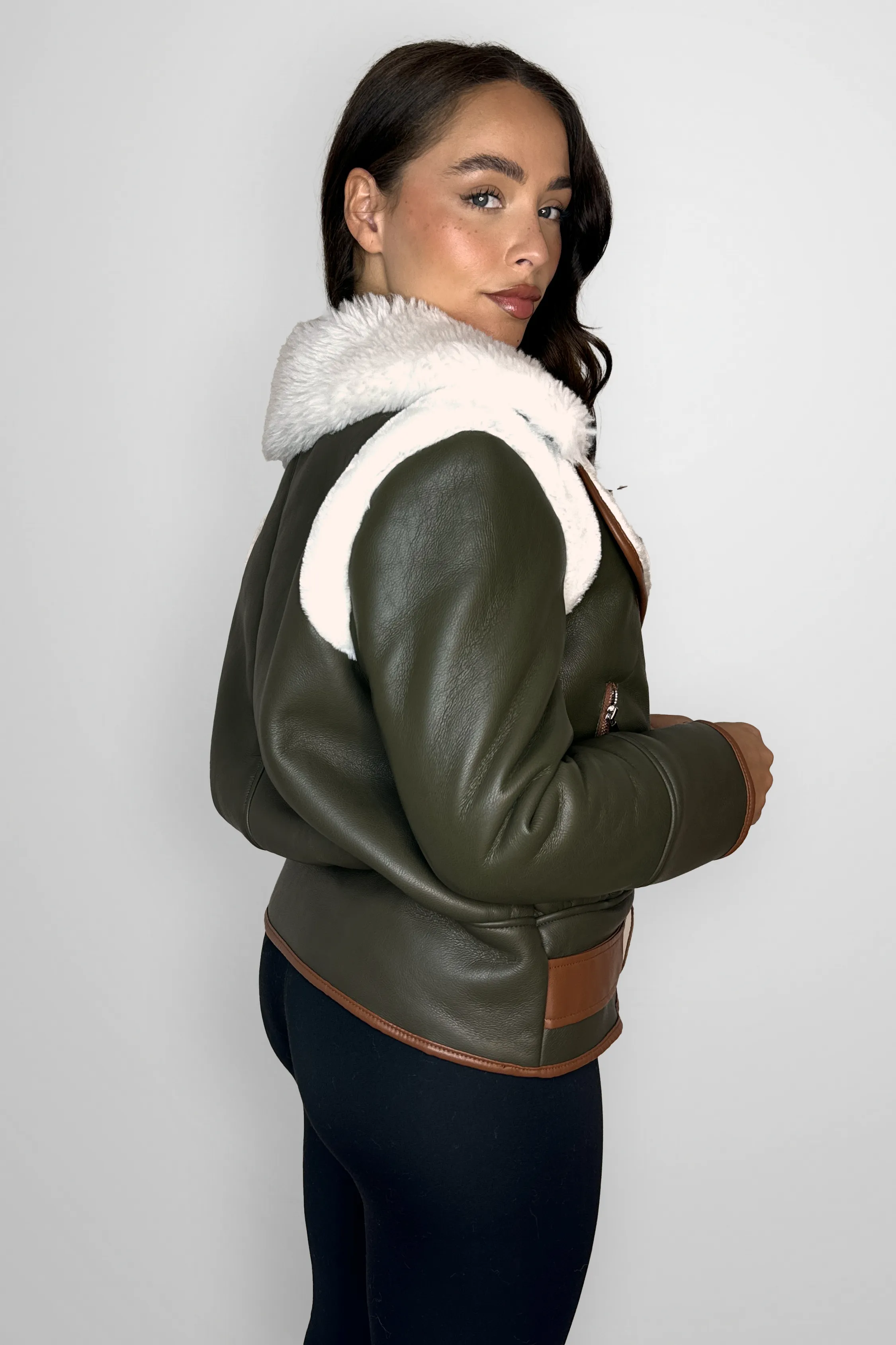 Vegan Leather Shearling Lining Belted Aviator Jacket