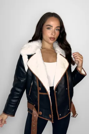 Vegan Leather Shearling Lining Belted Aviator Jacket