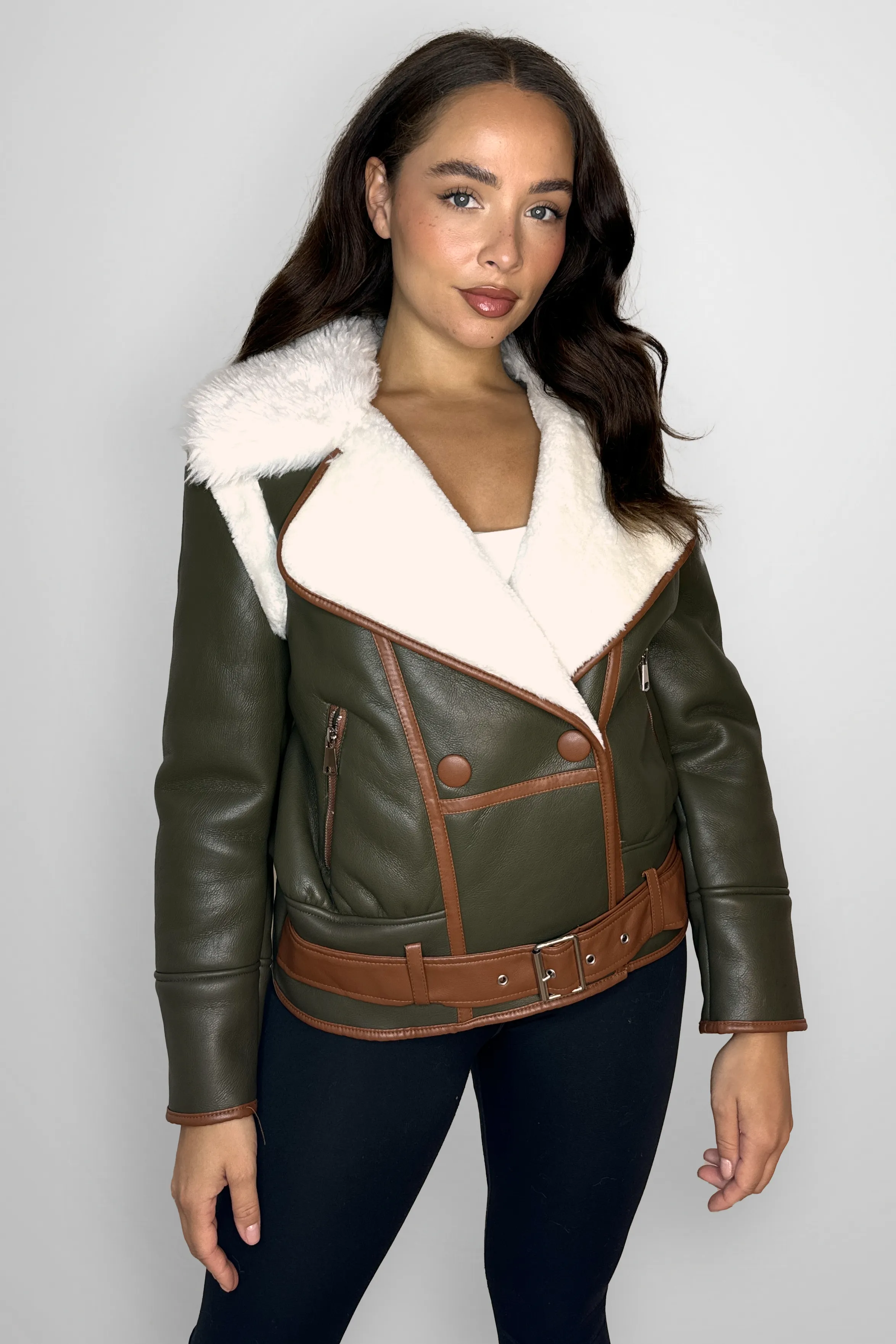 Vegan Leather Shearling Lining Belted Aviator Jacket