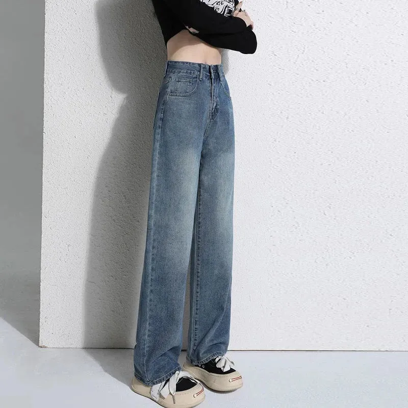 Vintage Blue Wide-Legged Female 2024 New High-waisted Straight Loose Small Drag Jeans