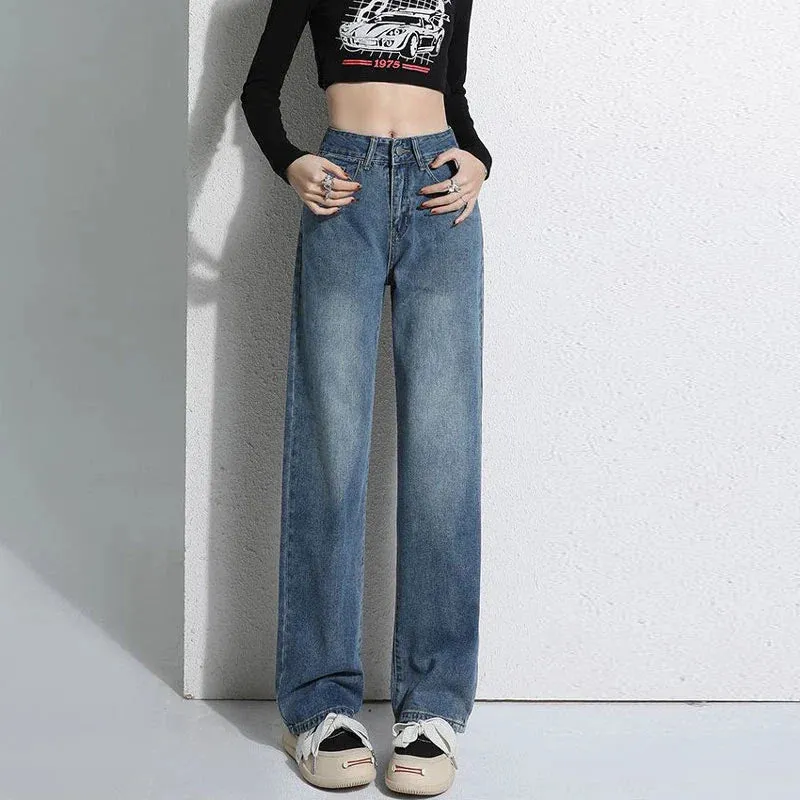 Vintage Blue Wide-Legged Female 2024 New High-waisted Straight Loose Small Drag Jeans