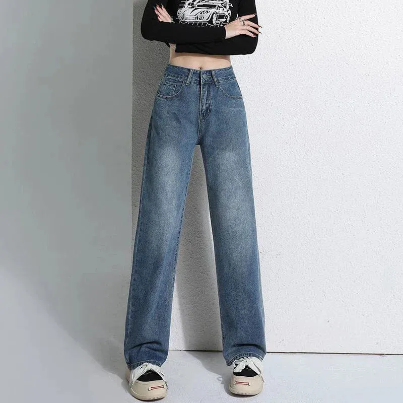 Vintage Blue Wide-Legged Female 2024 New High-waisted Straight Loose Small Drag Jeans