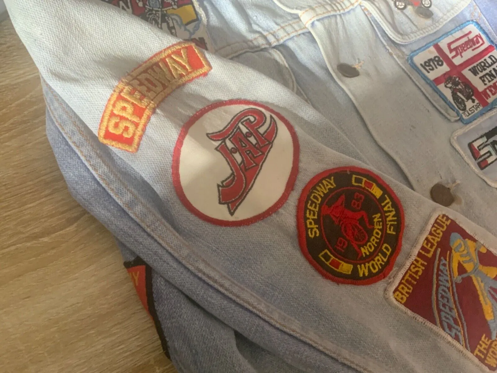 VTG DENIM JACKET 70s 80s SPEEDWAY RACING PATCHES X 28 JAP BIKE GRASSTRACK XS 34